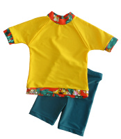 Badset, t-shirt & byxa, gul/mönster och petrolgrön byxa